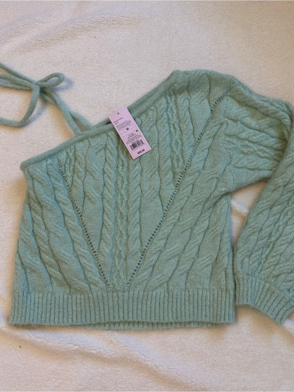 wild fable Mint Green One-Shoulder Cable Knit Sweater